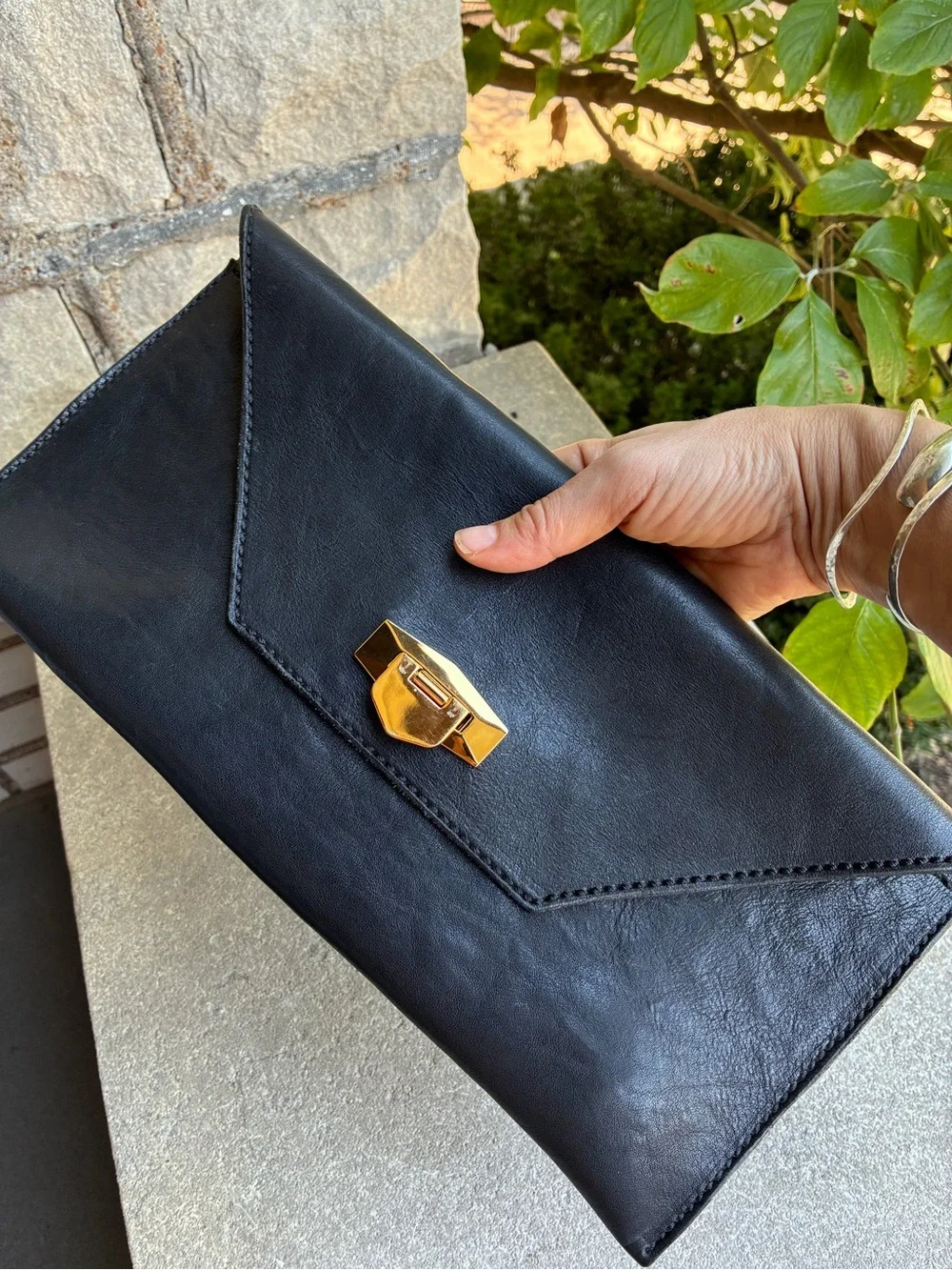 Black Leather Envelope Clutch - Hand Stitched